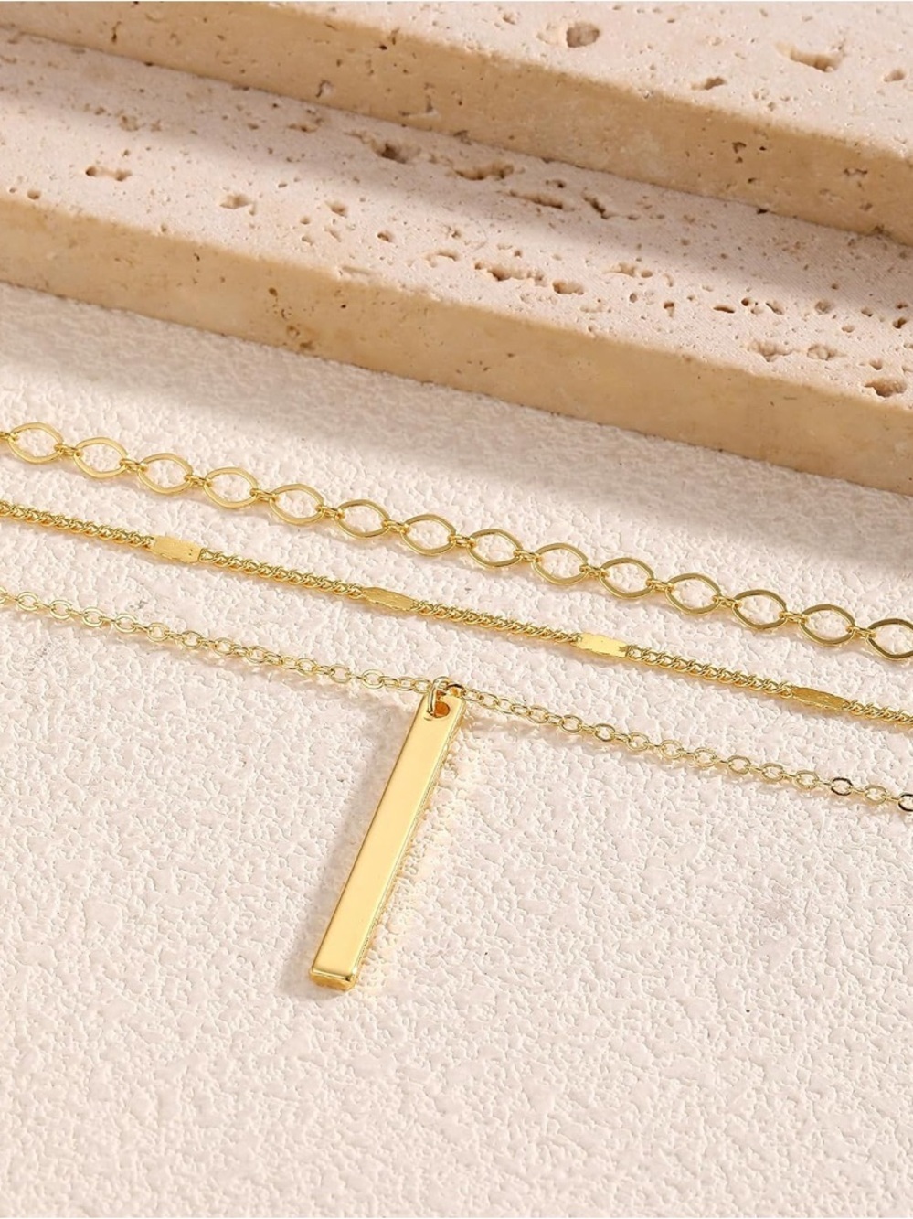14K Gold Plated Layered Bar Pendant Necklace Set - Picture 4 of 6
